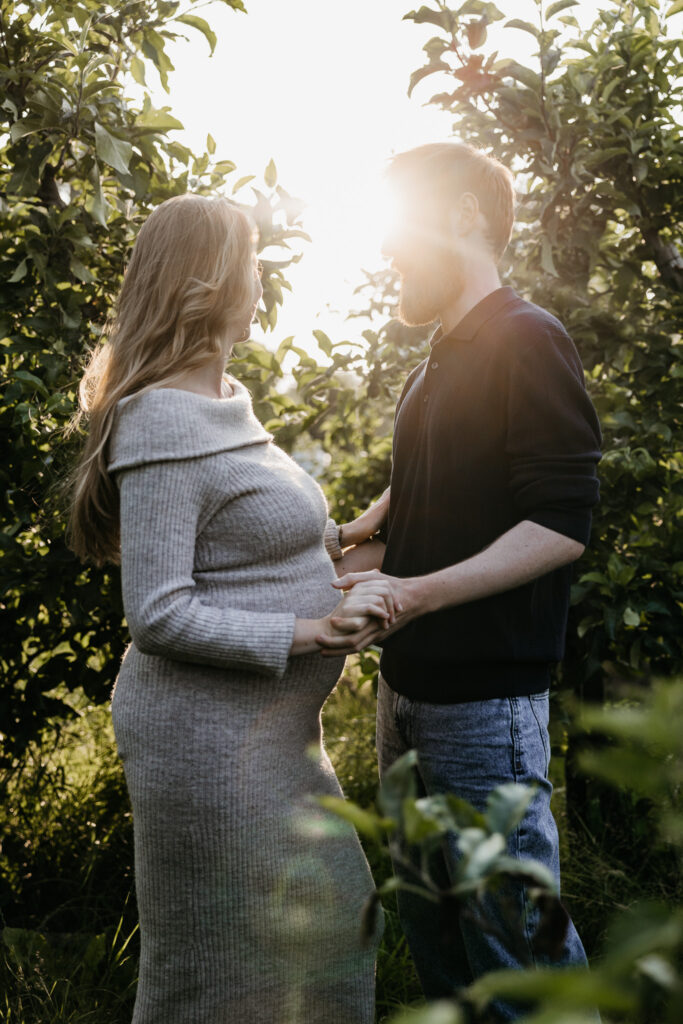 Zachte zwangerschapsshoot tussen de appelbomen bij De Buytenhof in Rhoon tijdens zonsondergang